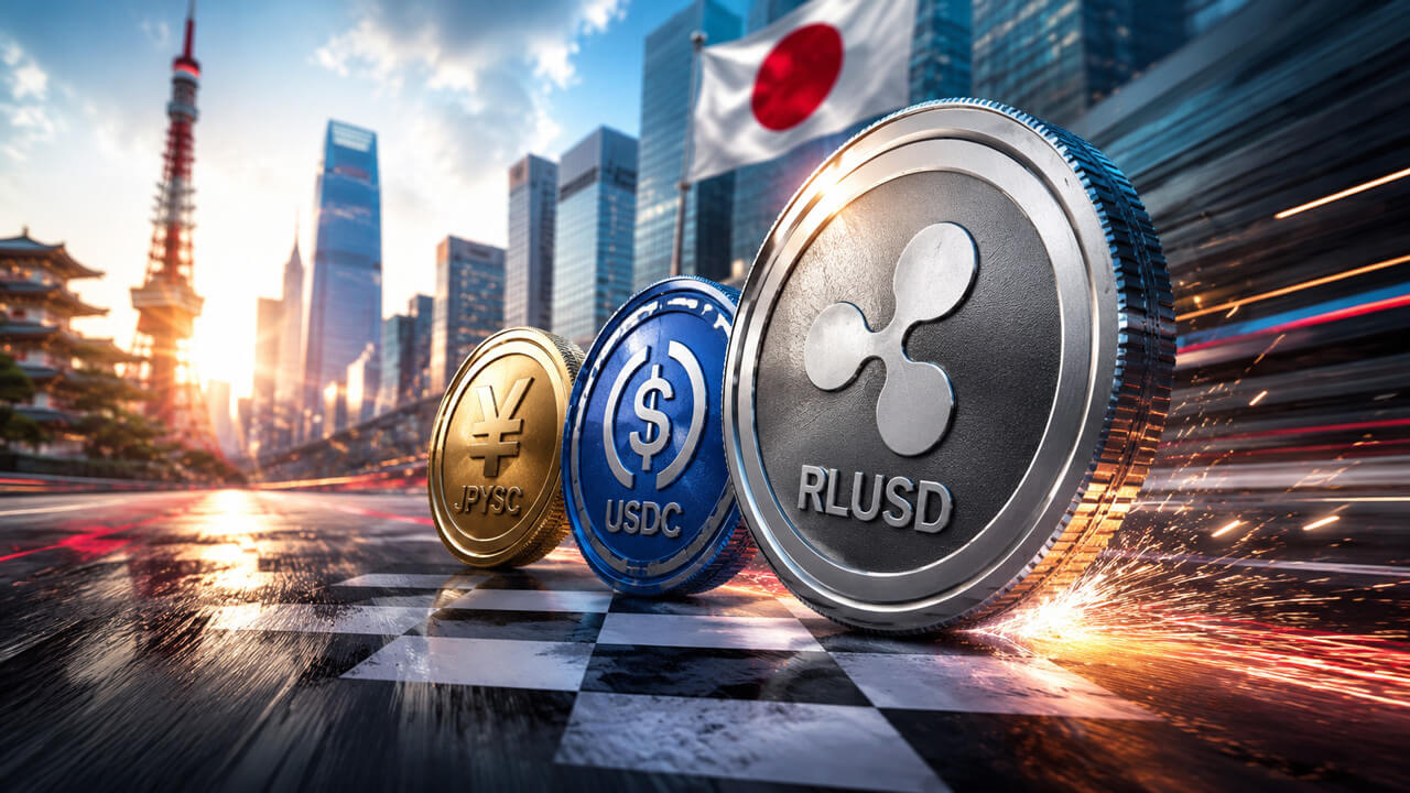 Illustration of RLUSD and USDC stablecoins racing toward adoption in Japan.