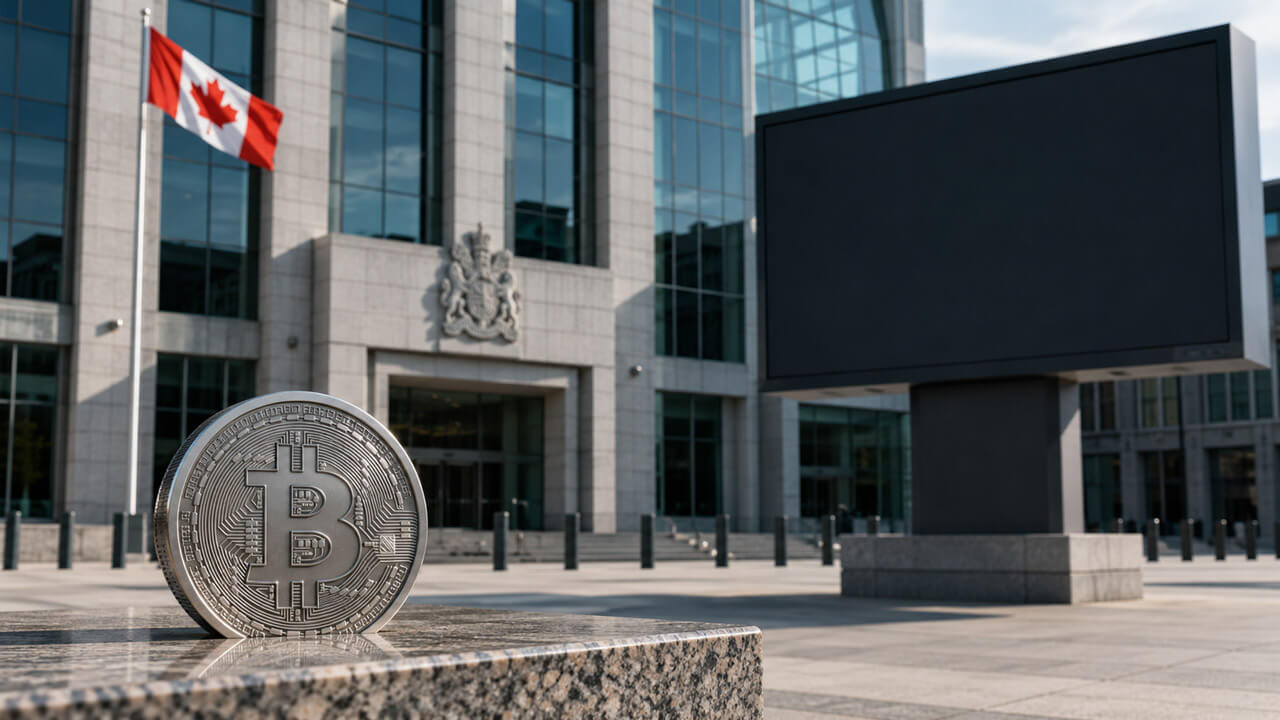 Joint CSA/IIROC Staff Notice 21-330 guidance represented by a Bitcoin outside a Canadian regulatory building, highlighting advertising, marketing, and social media compliance requirements for crypto asset trading platforms in Canada.