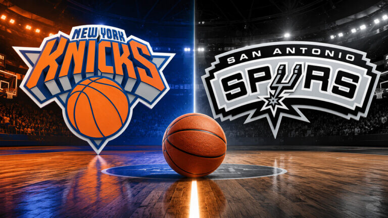 New York Knicks and San Antonio Spurs logos displayed on a basketball hoop, representing a prediction market or matchup between the two NBA teams.