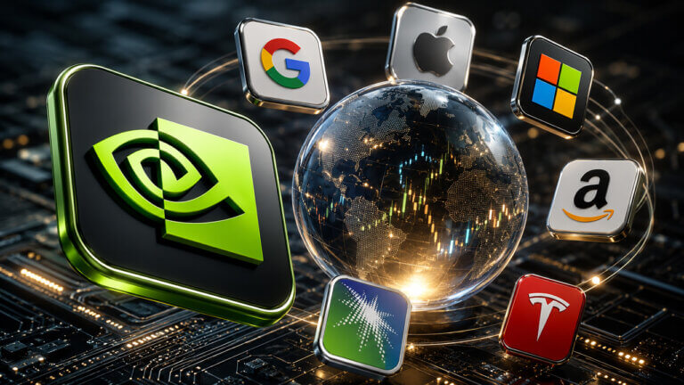 NVIDIA logo beside a globe surrounded by major technology company symbols, representing the prediction market tracking which company will hold the world's largest market capitalization by the end of June, with market cap competition, trading volume, liquidity, and equity market signals in focus.