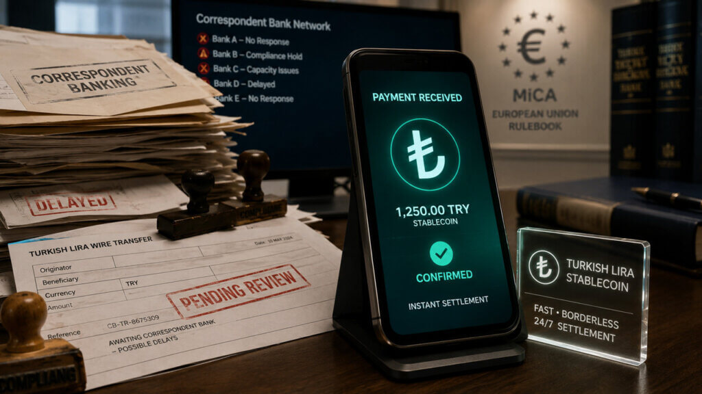 Turkish lira stablecoin payment confirmed instantly alongside delayed correspondent banking paperwork, highlighting the challenge regulated euro stablecoins face under MiCA-era banking constraints.