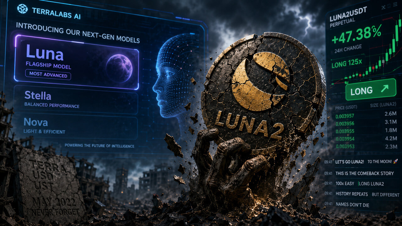 LUNA2 coin with AI-themed background after price surge driven by name confusion hype