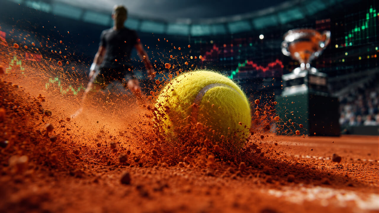 Tennis ball kicking up clay on a court with a trophy in the background, representing tennis betting markets, tournament predictions, or match wagering.
