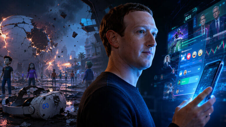 Meta CEO Mark Zuckerberg holds a phone showing prediction market-style interfaces, with a shattered metaverse scene behind him symbolizing Meta’s past virtual world gamble.