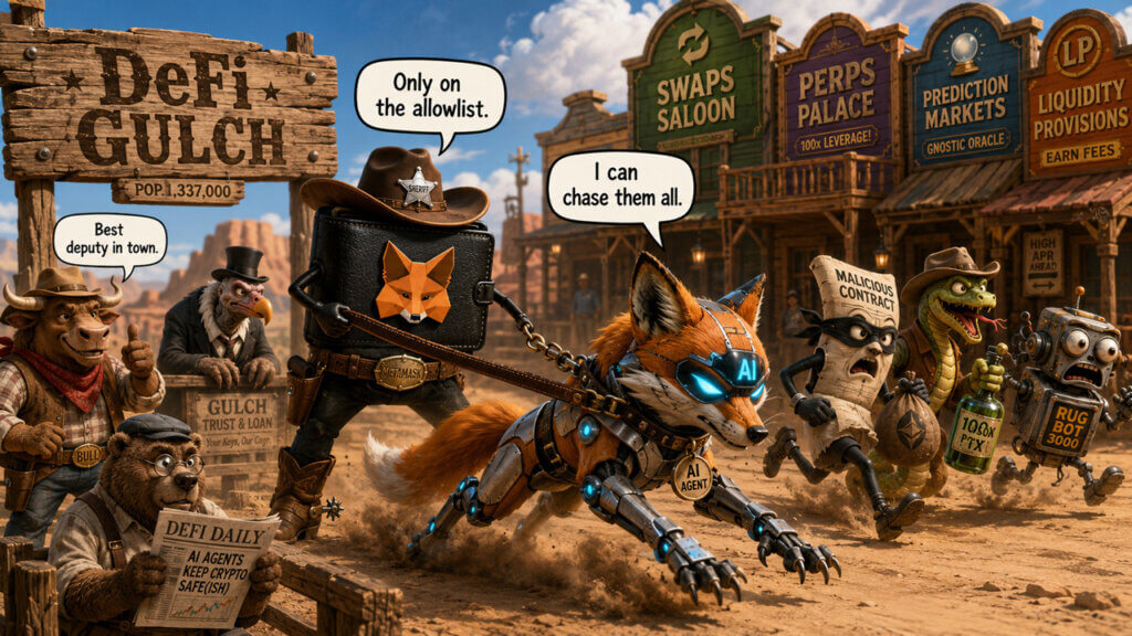 Cartoon of MetaMask as an AI-powered sheriff riding through a DeFi-themed Western town.