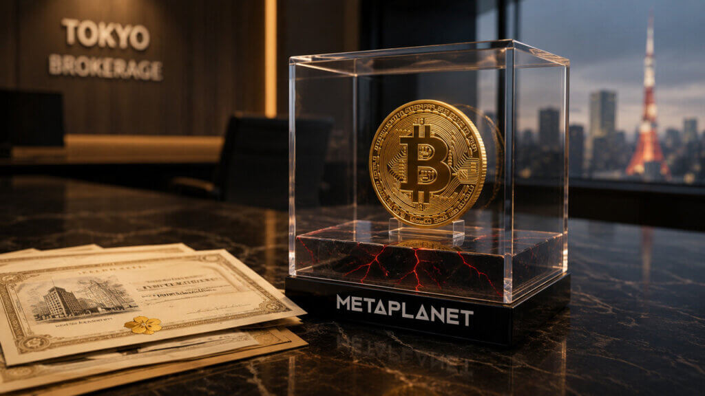 Bitcoin displayed in a glass case at a Tokyo brokerage office beside financial documents, symbolizing Metaplanet’s effort to generate income from its large Bitcoin holdings while taking on new investment risks.