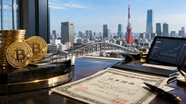 Bitcoin coin overlaid on a city skyline with a bridge representing Metaplanet's proposed Bitcoin bond market link between Japan and global capital markets.