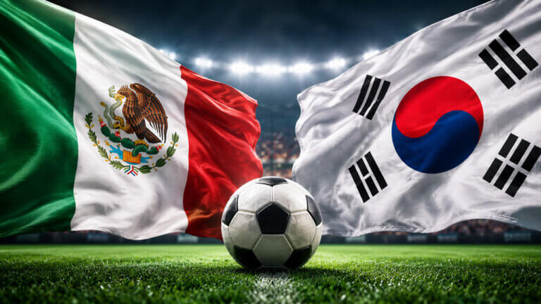 Soccer ball between Mexico and South Korea flags in a stadium setting, representing World Cup 2026 prediction market odds, match outcome probabilities, trading volume, liquidity and tournament signals.