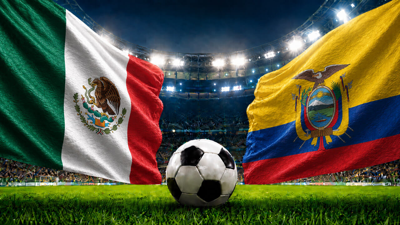 Mexico and Ecuador flags face off above a soccer ball in a packed stadium, representing a FIFA World Cup prediction market matchup.