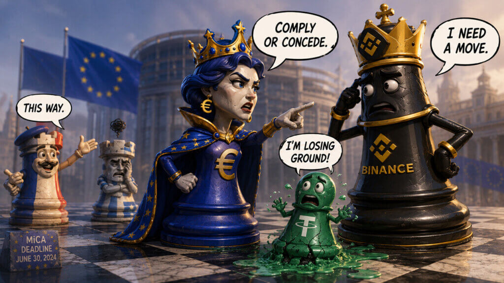 Cartoon chess scene depicting a crowned euro queen confronting a Binance king chess piece as a melting USDT pawn loses ground in front of the European Parliament, symbolizing MiCA compliance pressure on Binance and Tether in Europe.