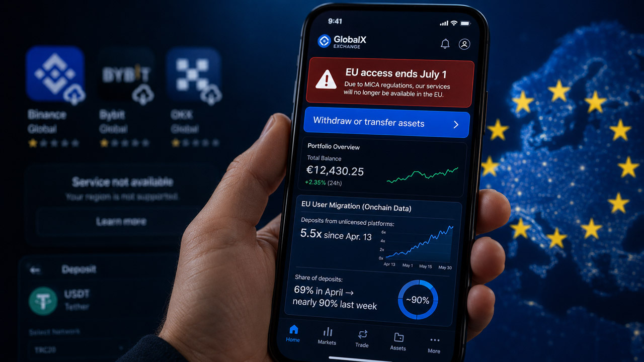 MiCA crypto app interface illustrating Europe’s July 1 crypto user migration deadline under MiCA rules