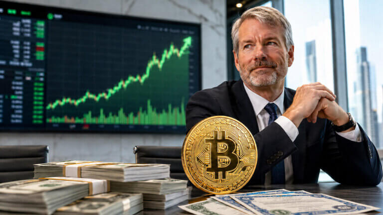 Strategy Executive Chairman Michael Saylor holding a Bitcoin coin in front of a rising price chart.