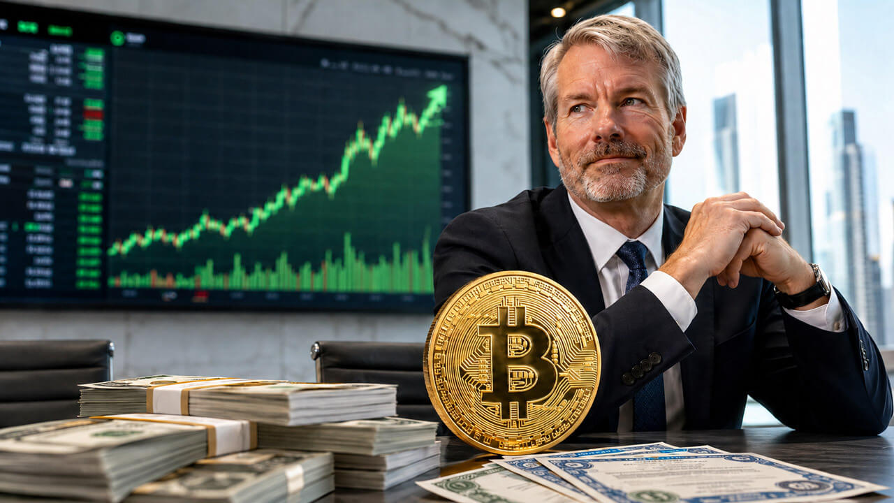 Strategy Executive Chairman Michael Saylor holding a Bitcoin coin in front of a rising price chart.