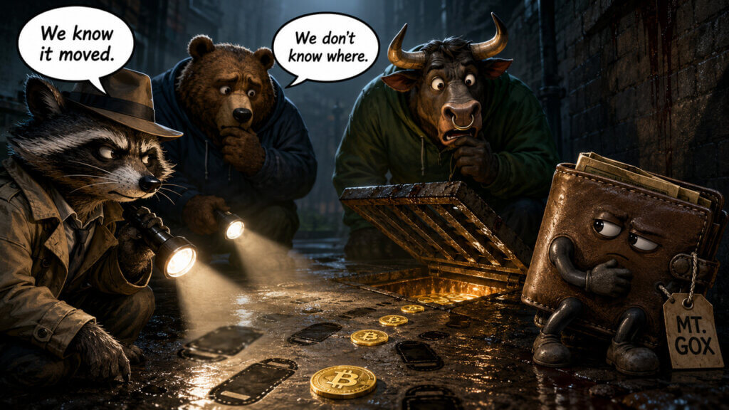 Cartoon of investigators tracking Mt. Gox-linked Bitcoin wallet movements.