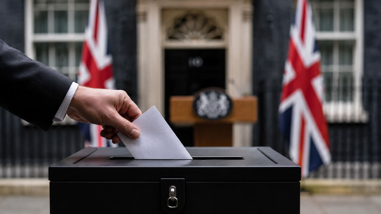 Hand placing a ballot into a ballot box outside 10 Downing Street in London, representing the Next UK Prime Minister 2026 prediction market, election odds, political forecasting and UK leadership succession.