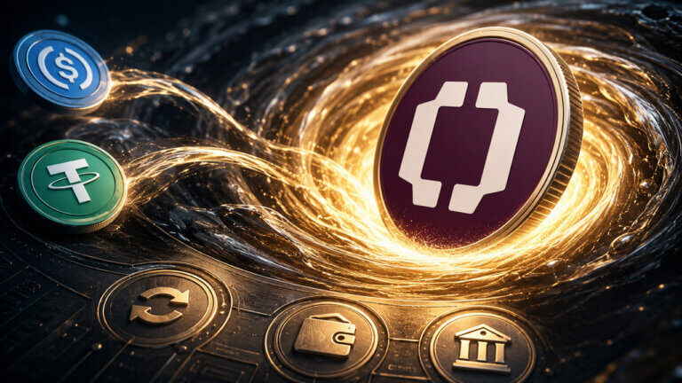 Open USD illustration showing DeFi liquidity vortex as stablecoin capital flows toward onchain yield opportunities