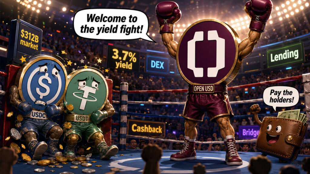 Open USD illustration showing DeFi yield fight among stablecoin issuers through boxing gloves and token logos