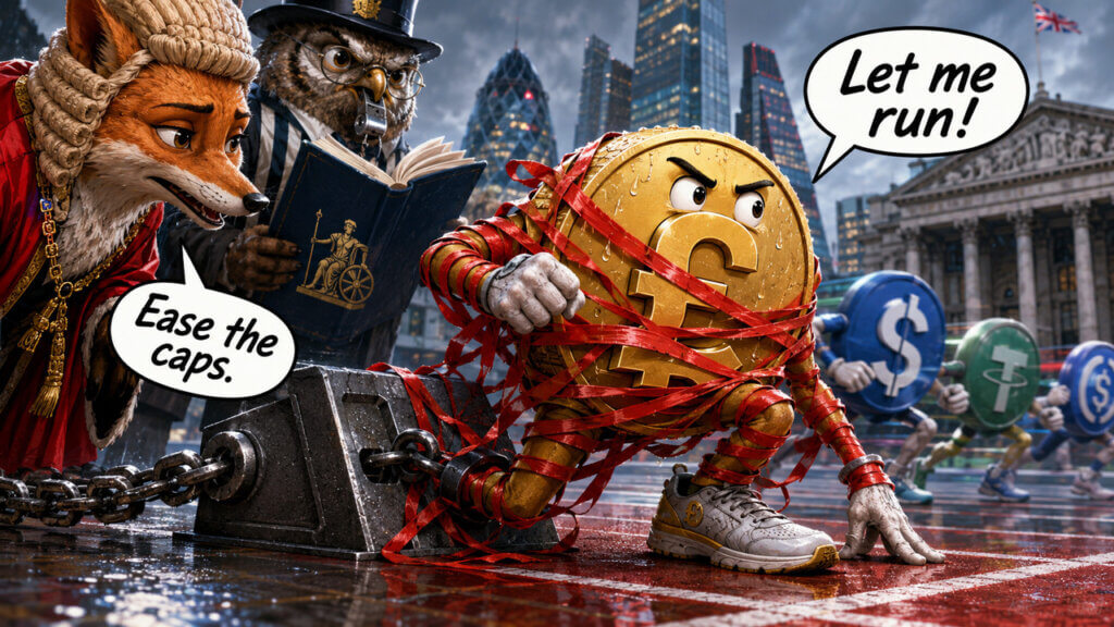 Cartoon pound token restrained outside the Bank of England as officials debate stablecoin caps.