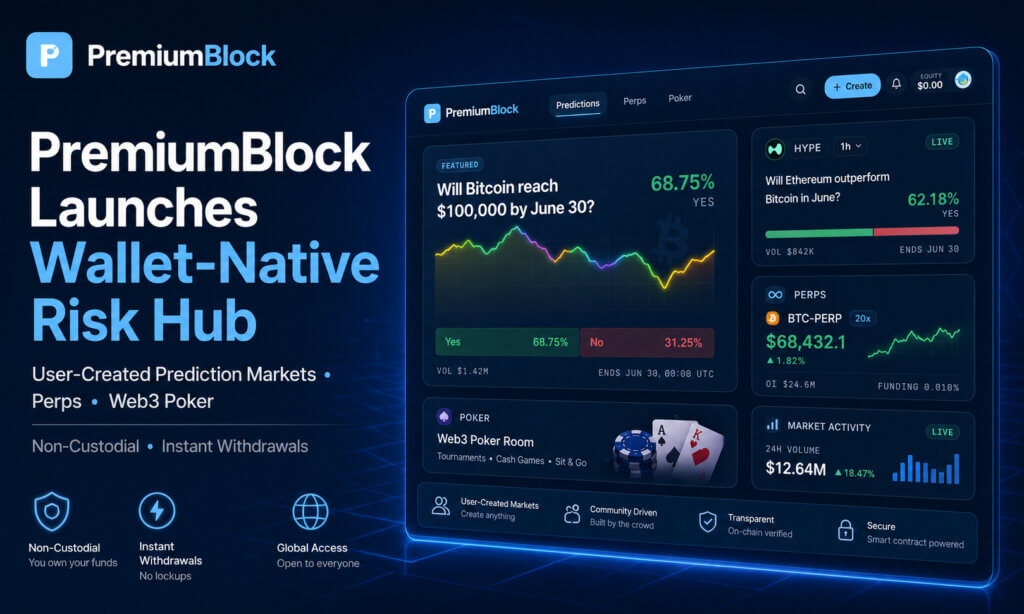 PremiumBlock Launches Non-Custodial Risk Hub for User-Created Prediction Markets, Perps and Web3 Poker