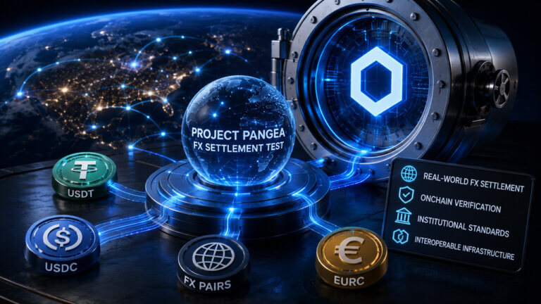 Chainlink logo over a global digital network representing Project Pangea, an initiative exploring stablecoin-based cross-border foreign exchange settlement between commercial banks and central banks.