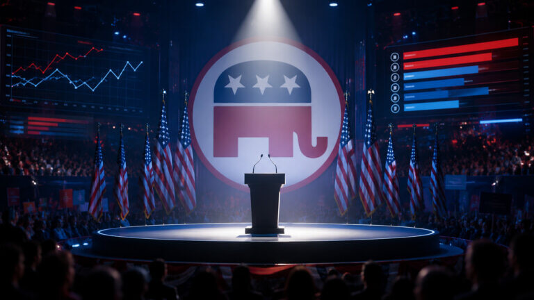Republican Party elephant rising above a podium with an upward trend line, representing a prediction market on the next Republican nominee or election outcome.