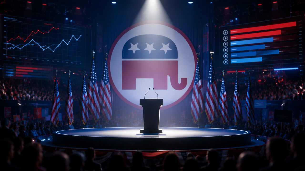 Republican Party elephant rising above a podium with an upward trend line, representing a prediction market on the next Republican nominee or election outcome.
