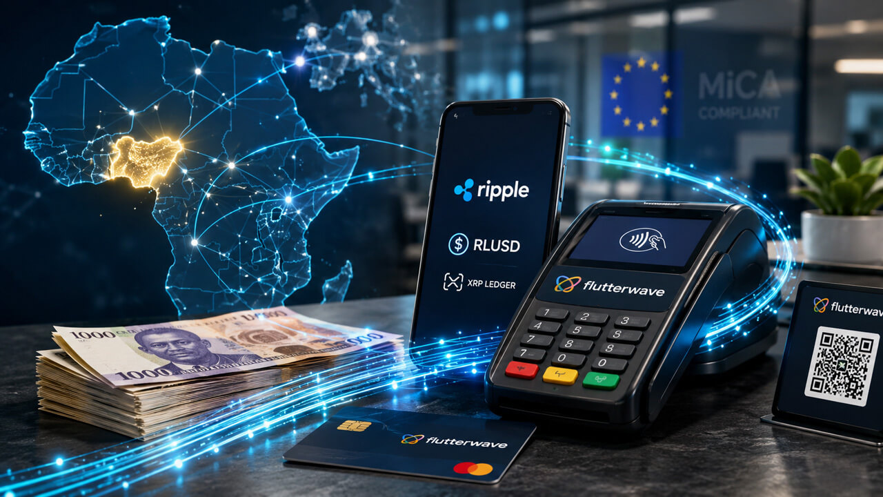 Ripple and Flutterwave partnership graphic showing cross-border payment integration, mobile payment terminal, and XRP-powered remittance infrastructure.