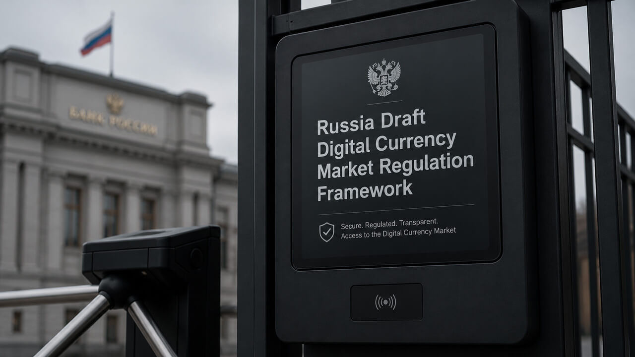 Russia Digital Currency Market Framework Bill represented by a regulated access gateway outside the Bank of Russia, highlighting proposed rules for digital currency market participants, licensing requirements, regulated trading access, compliance standards and state oversight of cryptocurrency activities.