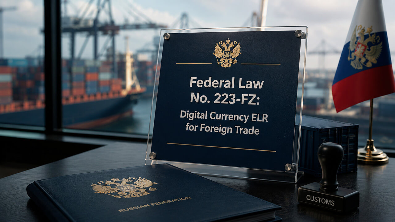 Federal Law No. 223-FZ on Digital Currency Experimental Legal Regimes (ELR) for Foreign Trade represented by official Russian legislation at a trade and customs hub, highlighting the use of digital currencies in cross-border settlements, foreign trade transactions, experimental legal regimes and Russia’s framework for international payments outside traditional financial channels.