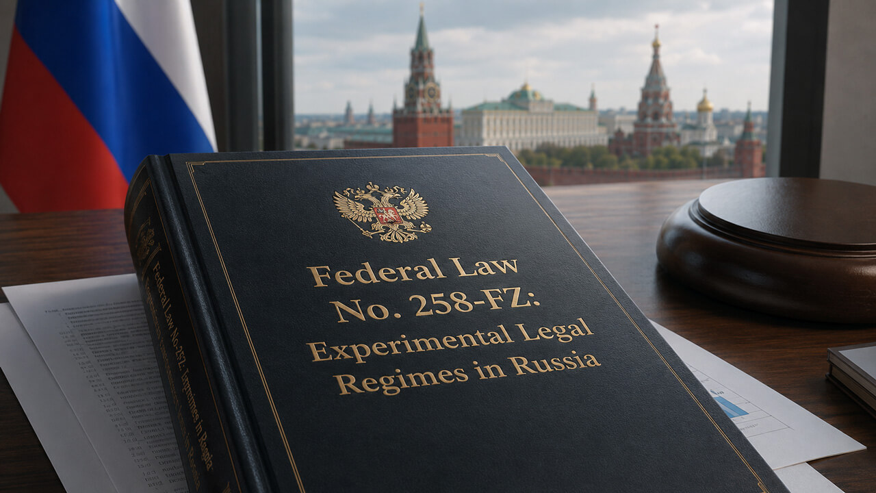Russia Federal Law No. 258-FZ on Experimental Legal Regimes represented by official legislation overlooking the Kremlin in Moscow, highlighting Russia’s framework for regulatory sandboxes, experimental legal regimes, digital innovation projects and the testing of emerging financial and technology sectors under special legal conditions.