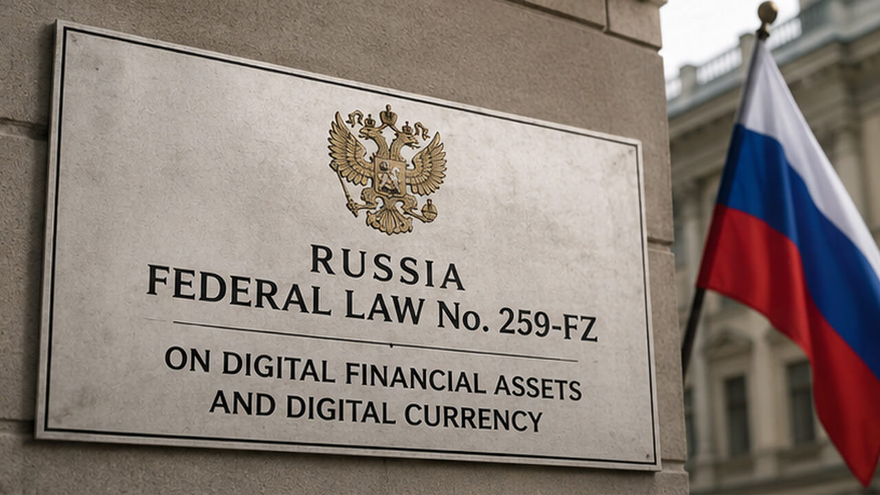 Russia Federal Law No. 259-FZ on Digital Financial Assets and Digital Currency represented by official Russian legislation and national symbols, highlighting the legal framework governing digital financial assets, digital currency issuance, cryptocurrency regulation and Russia’s experimental legal regimes for blockchain-based financial activities.