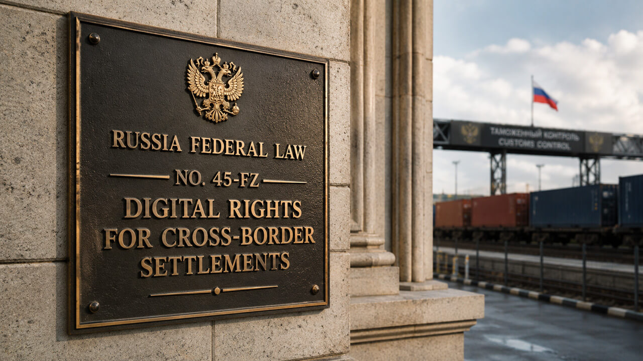 Russia Federal Law No. 45-FZ on Digital Rights for Cross-Border Settlements represented by official Russian legislation near a customs and trade checkpoint, highlighting the legal recognition of digital rights in international transactions, cross-border settlements, foreign trade payments and the use of digital financial instruments in international commerce.