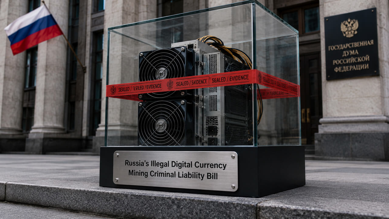 Russia illegal digital currency mining criminal liability bill represented by seized cryptocurrency mining equipment sealed as evidence outside the State Duma, highlighting proposed criminal penalties for unlawful digital currency mining, unauthorized mining operations, enforcement actions and regulatory oversight in Russia.