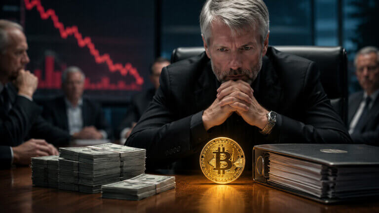 Michael Saylor reviewing Strategy’s Bitcoin financing strategy amid a market downturn, illustrating the trade-off between raising capital for additional Bitcoin purchases and the potential dilution impact on existing shareholders.