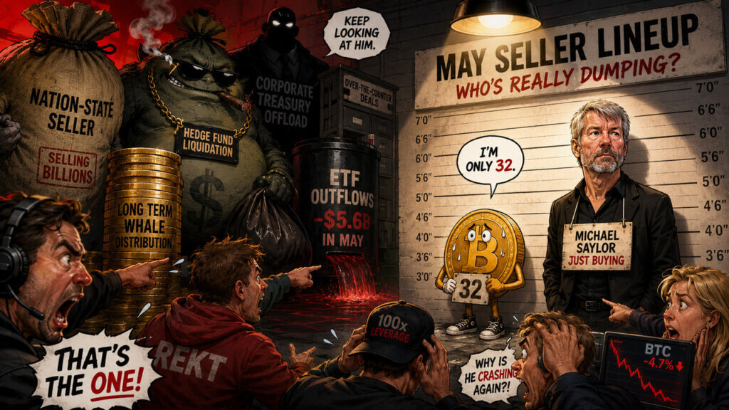 Cartoon showing 32BTC and Michael Saylor in a seller lineup, and traders blaming Strategy’s small BTC sale while larger selling pressure comes from nation-states, whales, ETFs, and corporate treasuries.