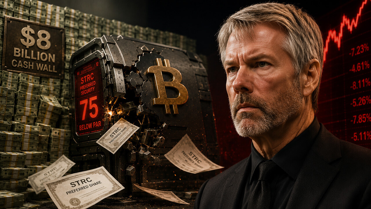 Michael Saylor with Bitcoin imagery illustrating Strategy's STRC preferred stock decline and Bitcoin financing concerns.