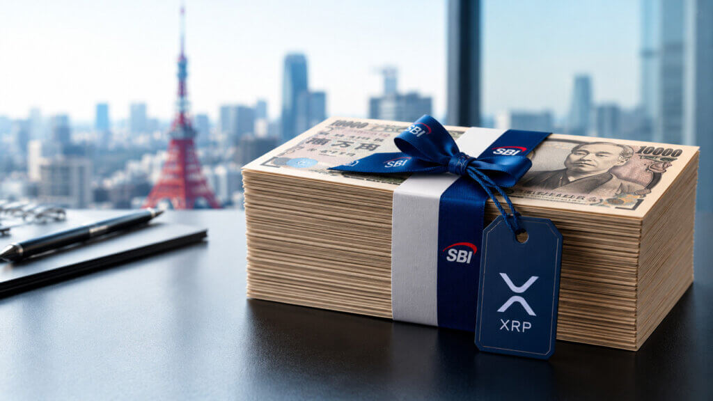 SBI-branded bundle of Japanese yen with an XRP tag, symbolizing the bank’s use of XRP to address cross-border payment and settlement challenges in Japan.