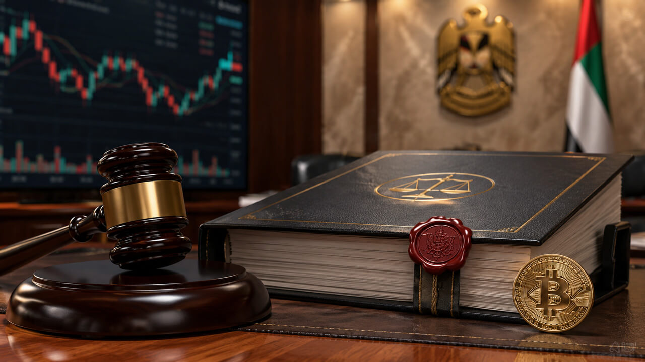 UAE legal code, judicial gavel and Bitcoin coin in a regulatory office, representing SCA Decision No. 26/RM/2023 on virtual asset platform operators and its later replacement by CMA Decision No. 04/RM/2026.