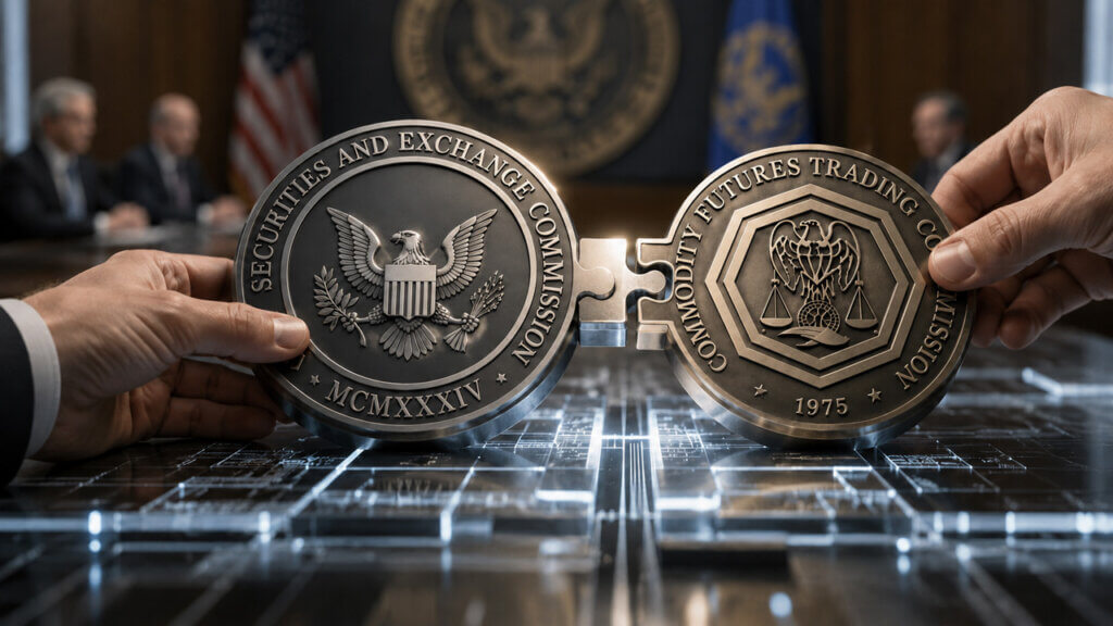 SEC and CFTC seals joining like puzzle pieces over a digital market infrastructure grid, symbolizing coordinated regulation that could accelerate tokenized capital markets over the next five years.