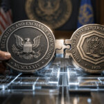 SEC and CFTC seals joining like puzzle pieces over a digital market infrastructure grid, symbolizing coordinated regulation that could accelerate tokenized capital markets over the next five years.