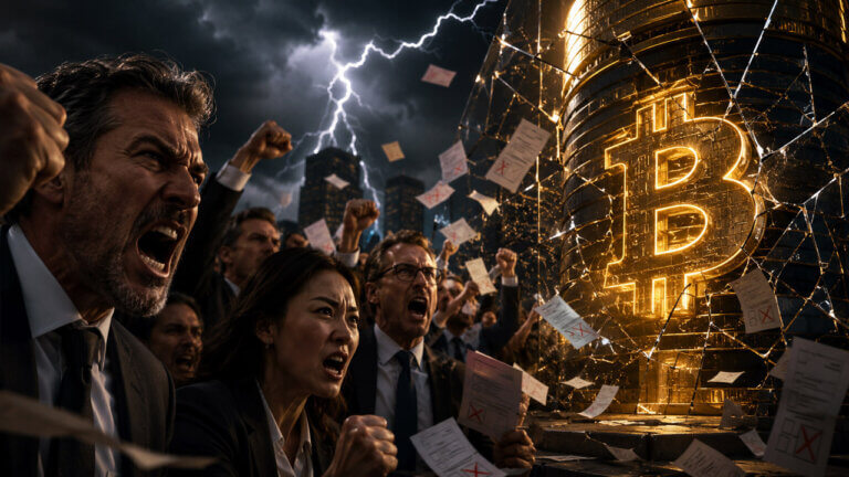 Illustration of shareholders confronting a towering Bitcoin symbol representing investor revolt over Bitcoin treasury companies.