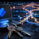 Secure digital wallet device with cryptographic keys positioned over a blockchain network map, symbolizing digital asset custody, self-custody security, and cryptographic key management.