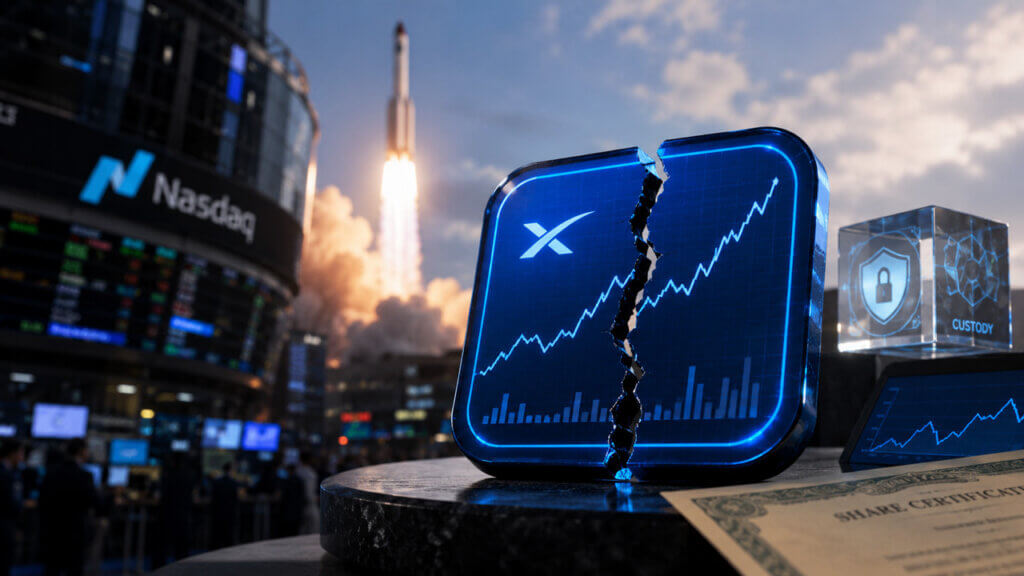SpaceX IPO launch beside a fractured tokenized stock display, highlighting how fragmented ownership, custody, and allocation models are exposing weaknesses in tokenized equity markets.