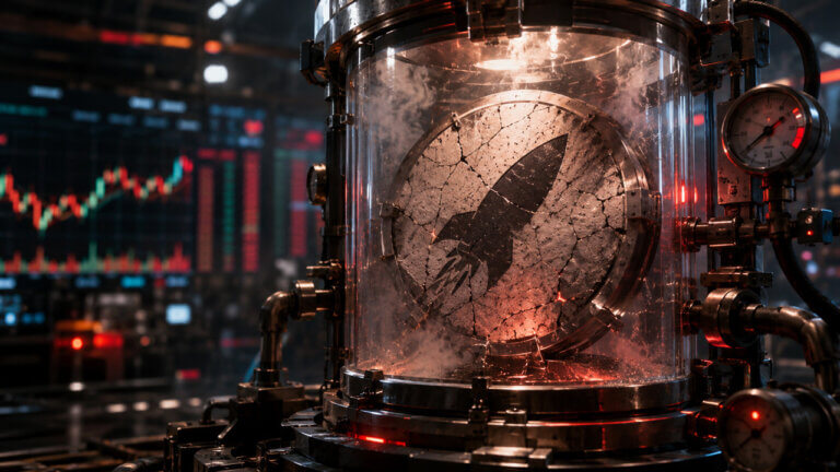 Illustration of a SpaceX-themed tokenized stock derivatives market, showing a spacecraft inside a transparent containment chamber surrounded by trading screens and market data visualizations. The image represents leveraged crypto trading tied to SpaceX equity exposure and liquidation-driven volatility.