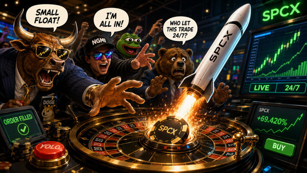Cartoon illustration of retail traders around a roulette wheel launching a SpaceX-themed rocket, with meme stock references, trading screens, and soaring stock price graphics.