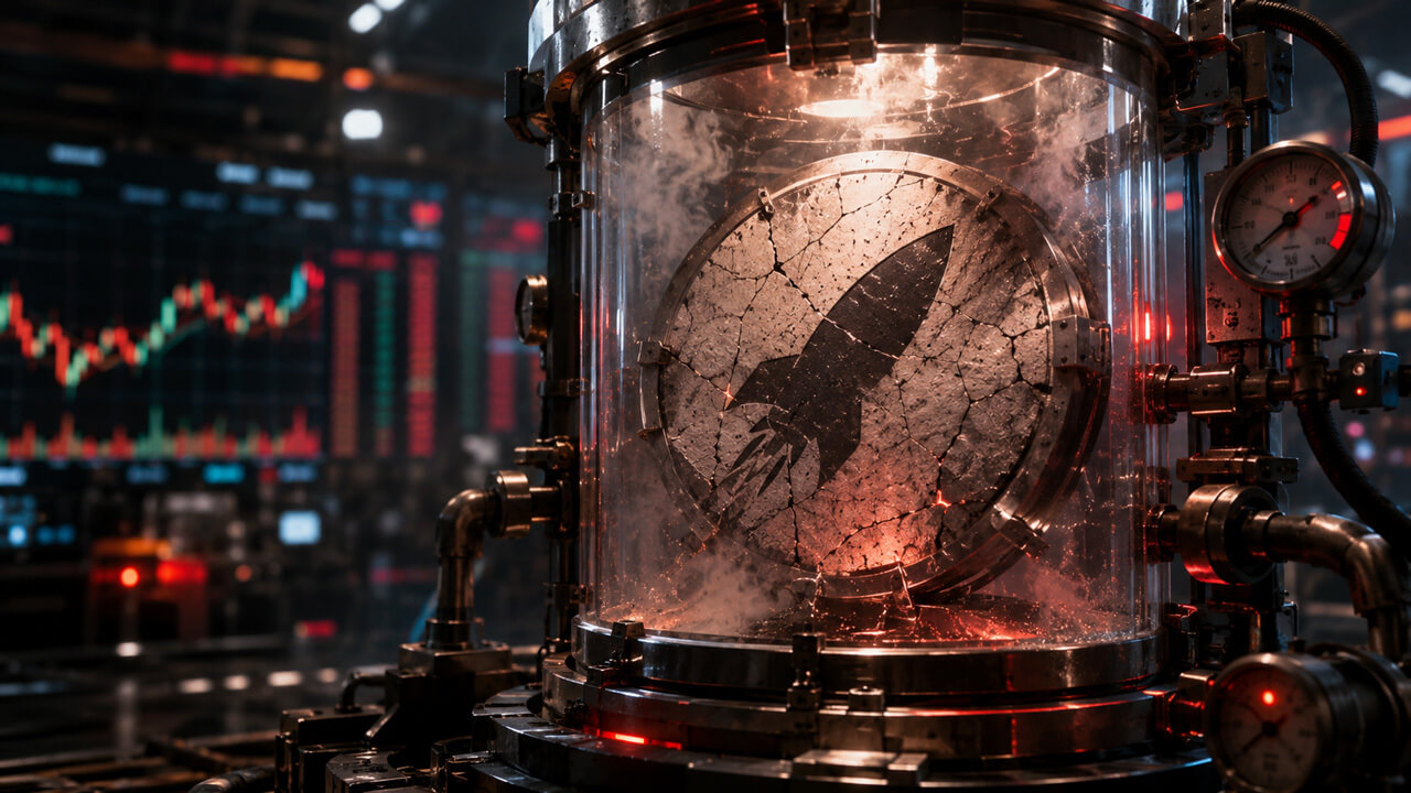 Illustration of a SpaceX-themed tokenized stock derivatives market, showing a spacecraft inside a transparent containment chamber surrounded by trading screens and market data visualizations. The image represents leveraged crypto trading tied to SpaceX equity exposure and liquidation-driven volatility.