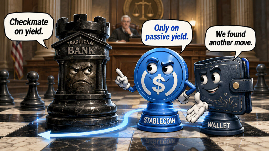 Cartoon stablecoin and wallet characters bypass a traditional bank in a courtroom chess scene.