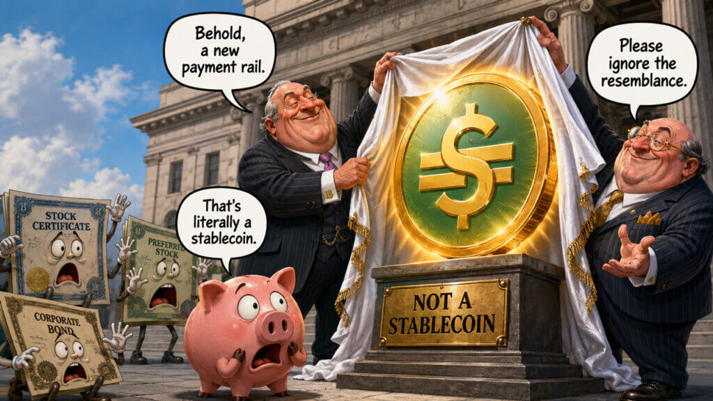 Cartoon of Wall Street bankers unveiling a dollar stablecoin monument while calling it “not a stablecoin.”