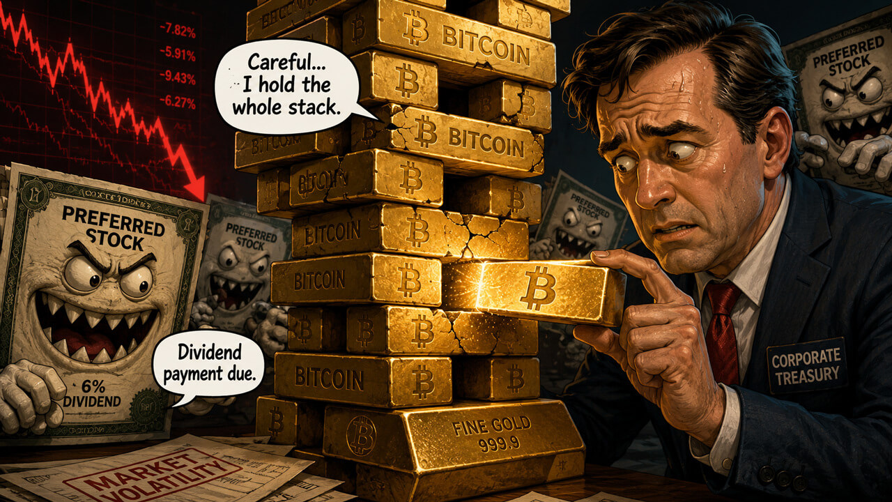 Illustration of a man inspecting stacked Bitcoin bars as preferred-stock creatures demand dividend payments beside a falling market chart.