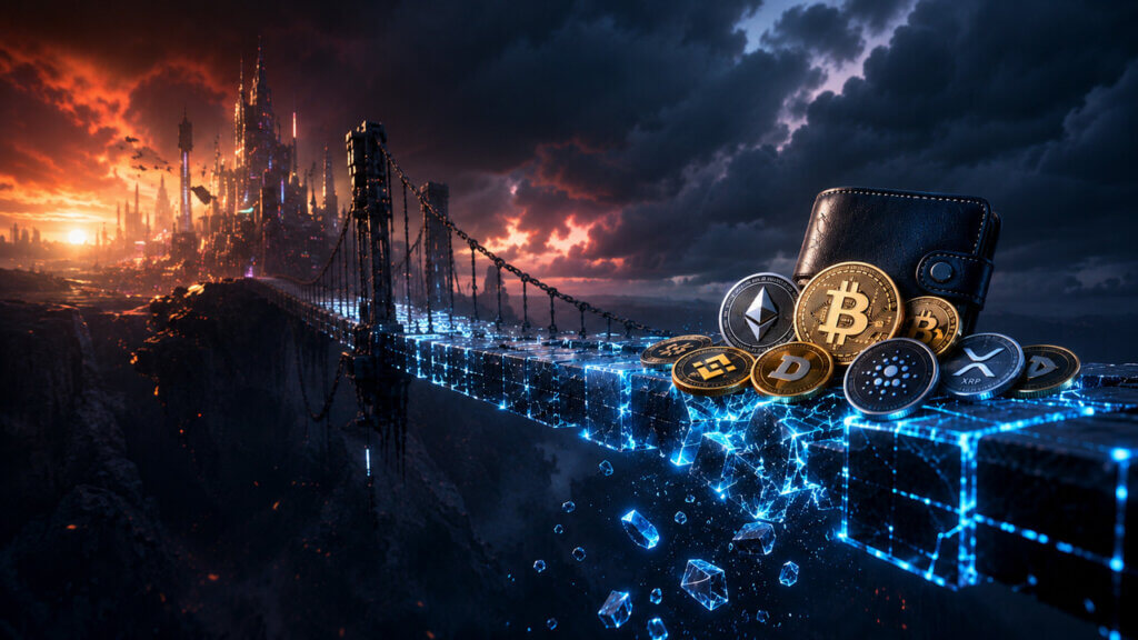 Burning bridge with Bitcoin symbol illustrating crypto bridge risk
